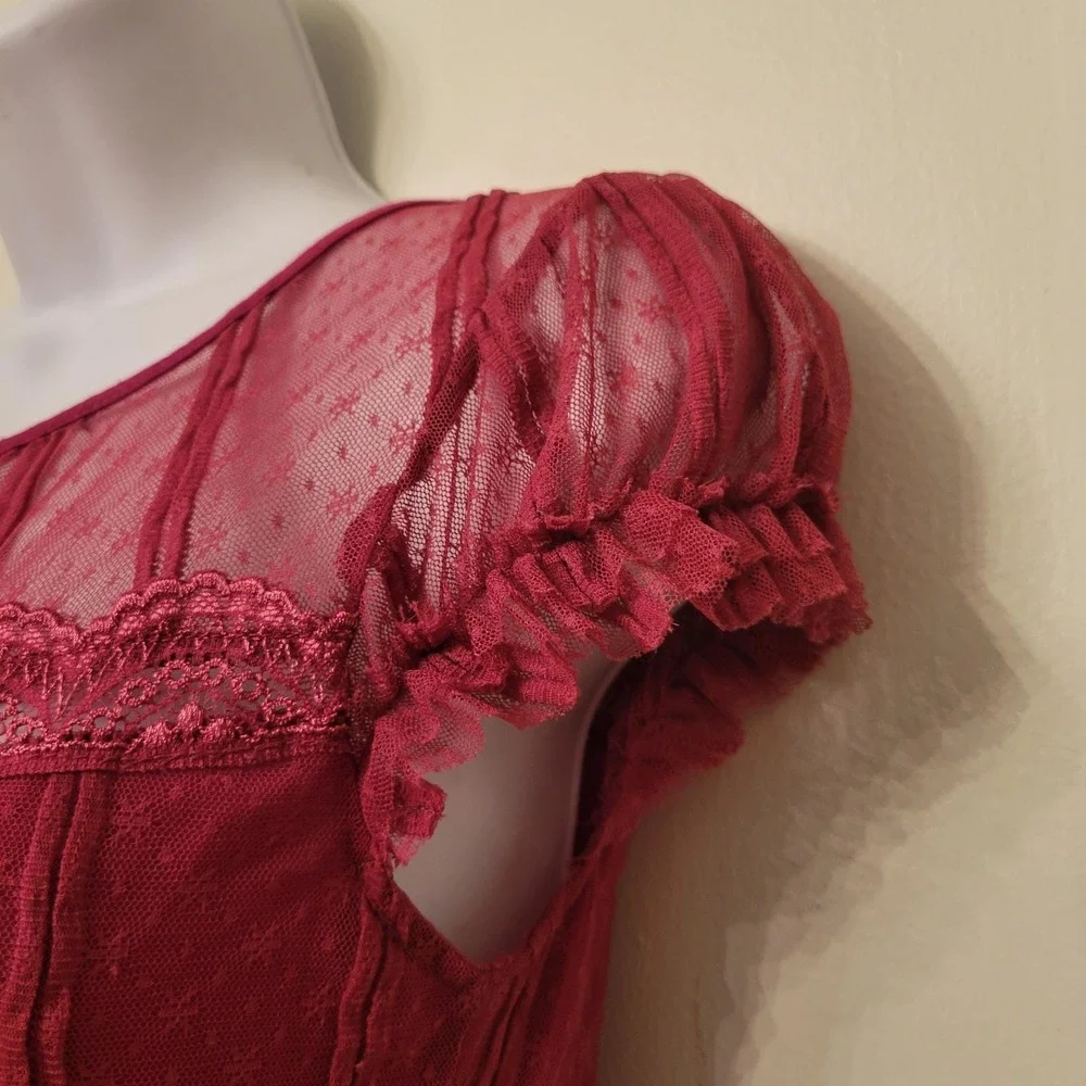 Free‎ People S Lace Babydoll Y2K Top Sheer Cap Sleeves Boho Coquette Chic Summer